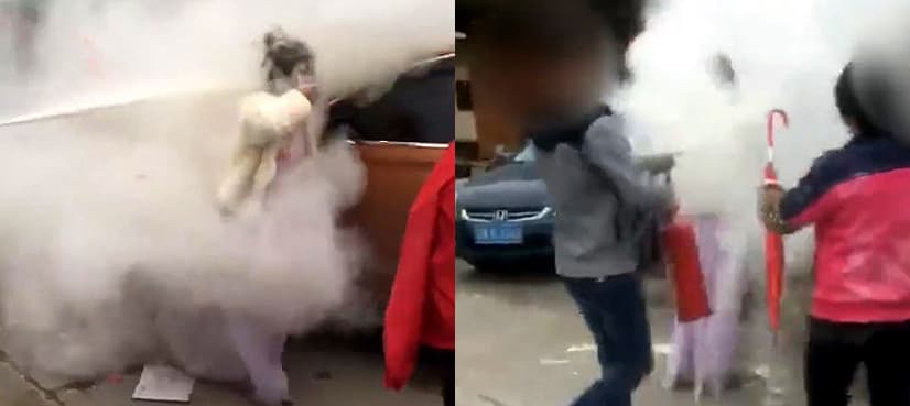 WATCH: Pranksters spray bridesmaid with fire extinguisher