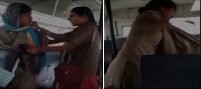 VIDEO: Indian lady constable beat up bus conductor for asking about ticket