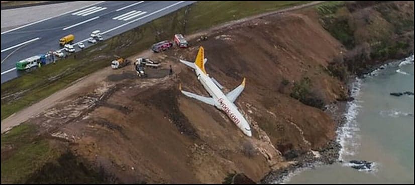 Plane nearly falls into sea after skidding off runway in Turkey