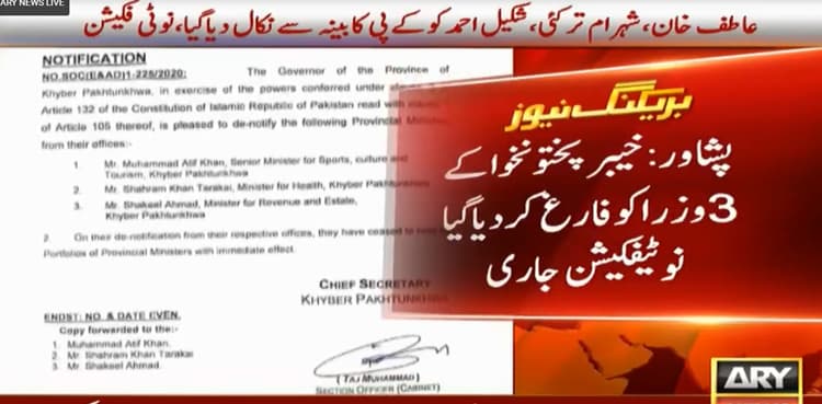 Three KP ministers removed from their positions; notification issued