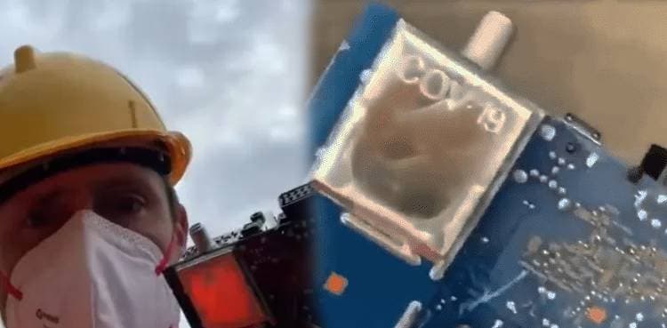 Does this video show an actual 5G equipment stamped with ‘COV-19’?
