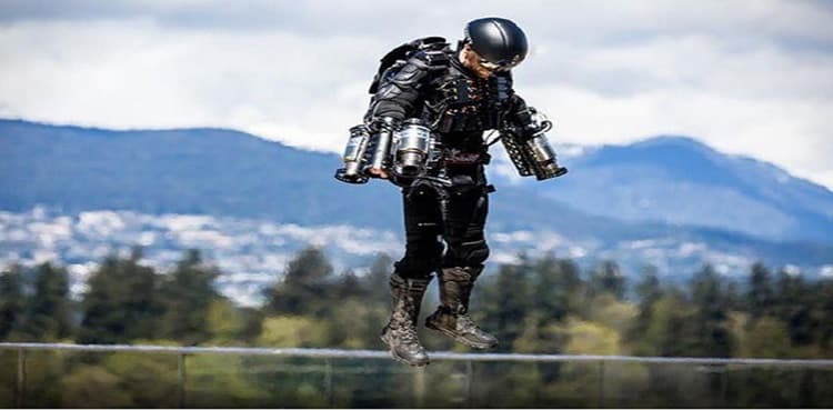 Sci-fi movie scene comes to life with a man flying around in a jet pack