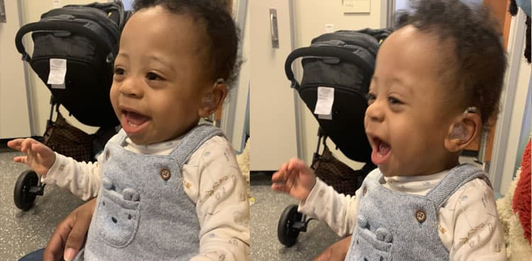Heartwarming moment toddler hears mother's voice for the first time