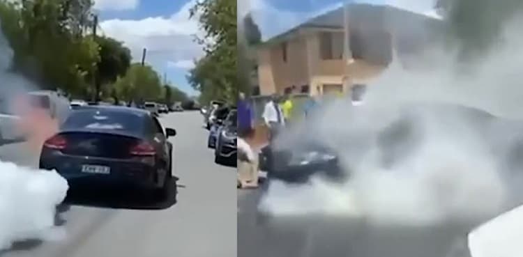 Luxury vehicle bursts into flames during attempted burnout