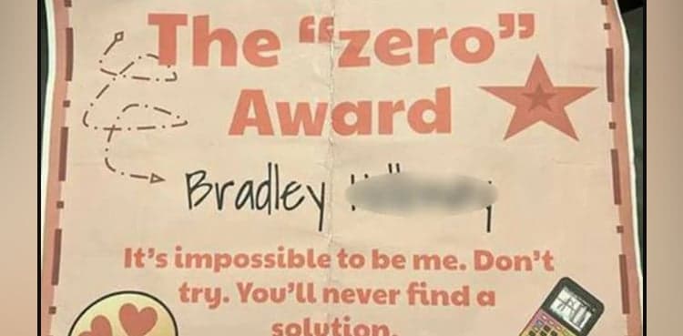 Student gets 'Zero Award' from teacher