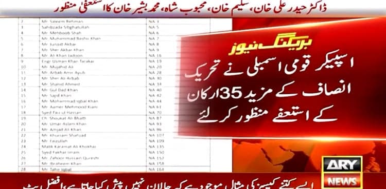 NA speaker accepts resignations of 35 more PTI MNAs