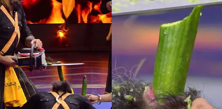 WATCH: Blindfolded man cuts cucumber held in person's mouth with chainsaw