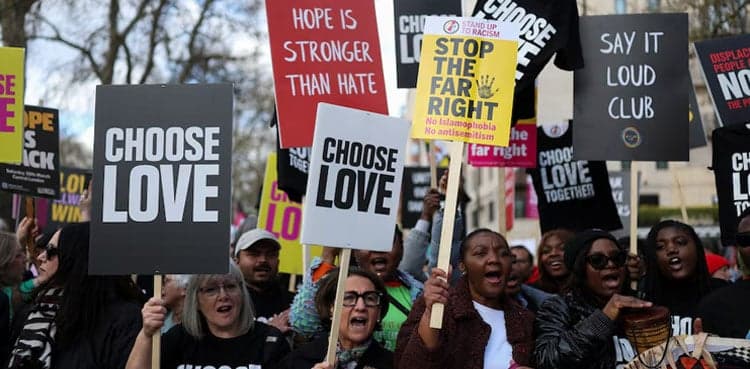 Protesters march in London to oppose the rise of political right