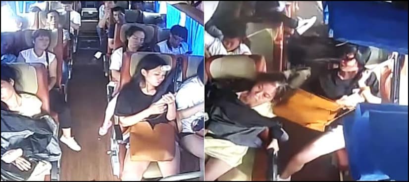 Passengers fly from seats in shocking video of bus accident in China