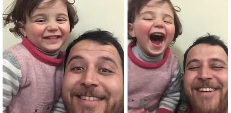 Syrian man teaches daughter to laugh after hearing bomb explosions