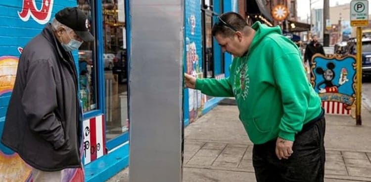 Metallic monolith pops up outside Pittsburgh candy store