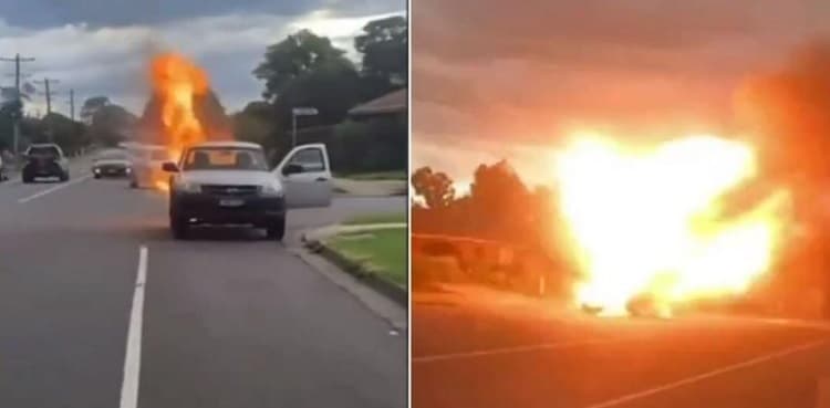 Horrific moment vehicle explodes on road