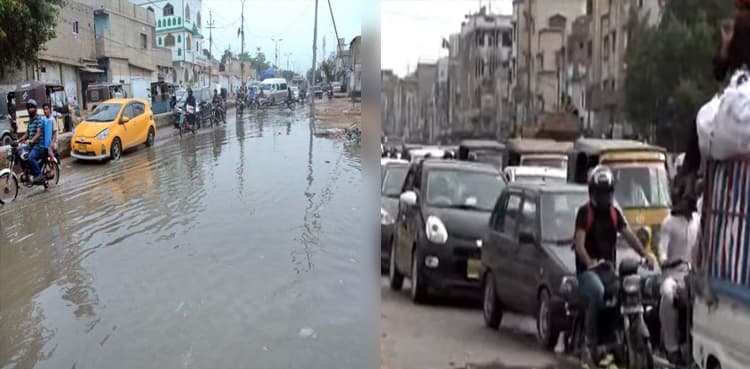 Rainwater joins gutter discharge to flood Karachi roads & disrupt traffic