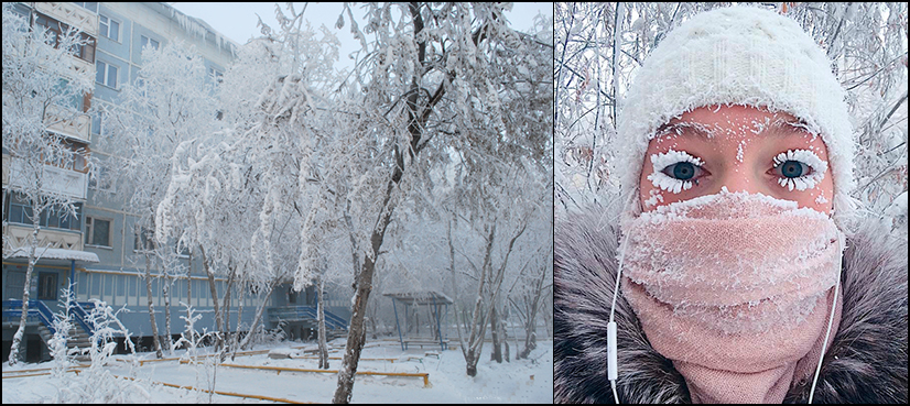 Frozen winter eyelashes in Siberia