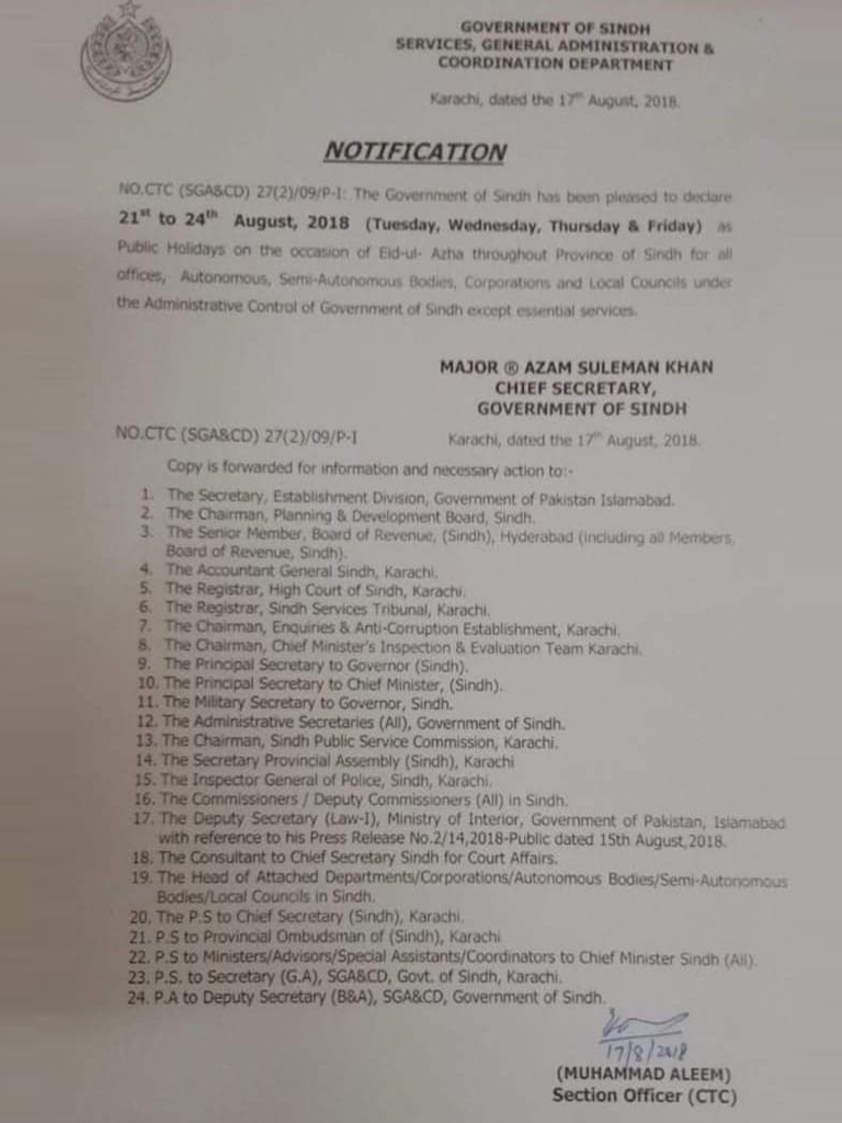 Sindh govt announces four-day holidays for Eid-ul-Adha