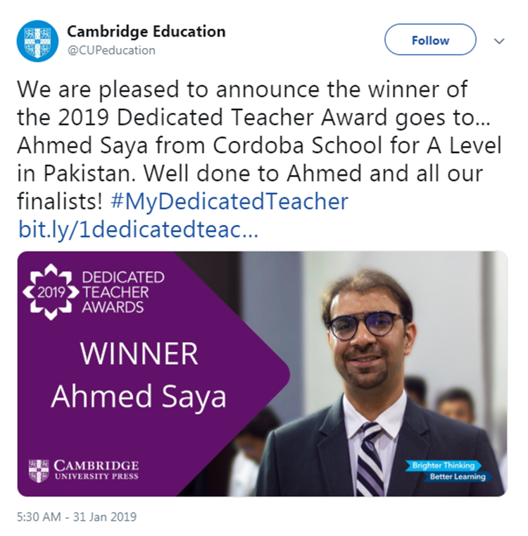 Ahmed Saya, Dedicated Teacher Award, Cambridge University,