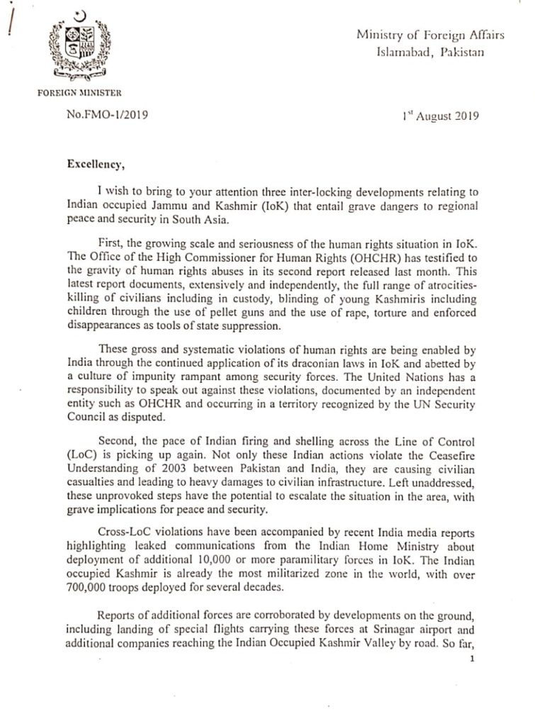 Fm Qureshi Writes Letter To Un Secretary General Over Kashmir Situation