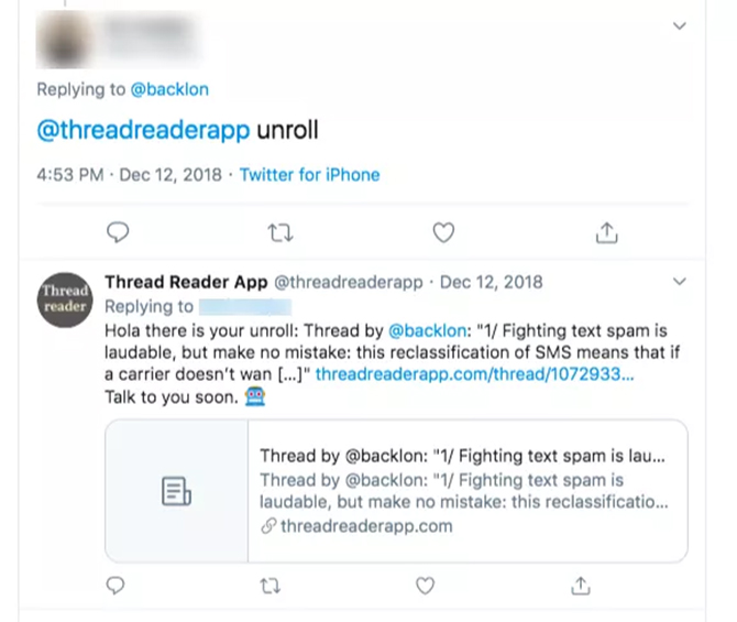 Twitter unroll tweets Thread Reader App 