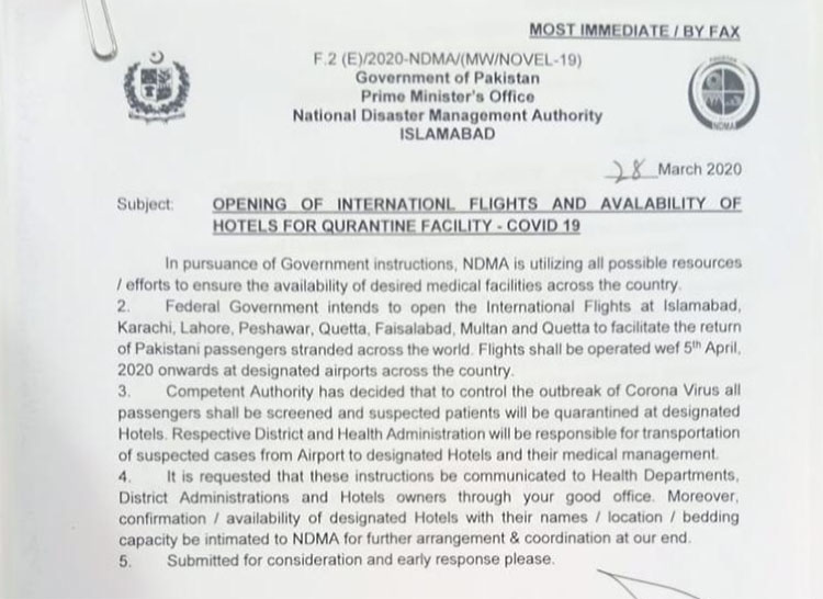 International flights coronavirus ndma airports