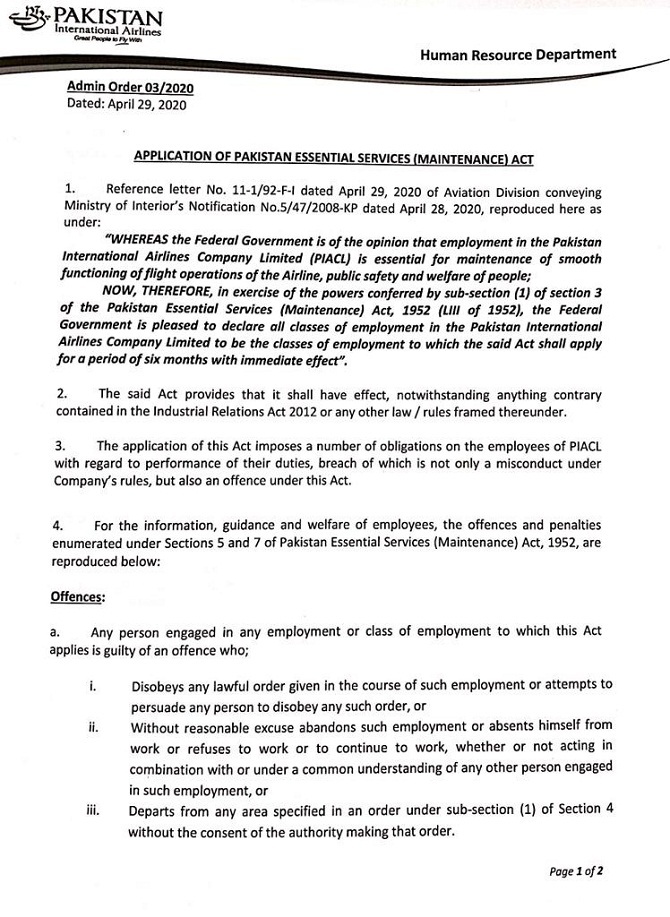 Essential Services Act PIA flight operations repatriation