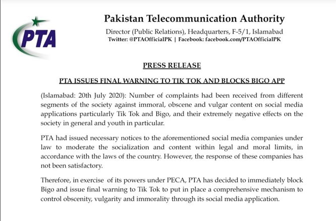 TikTok Bigo ban PTA social media platforms