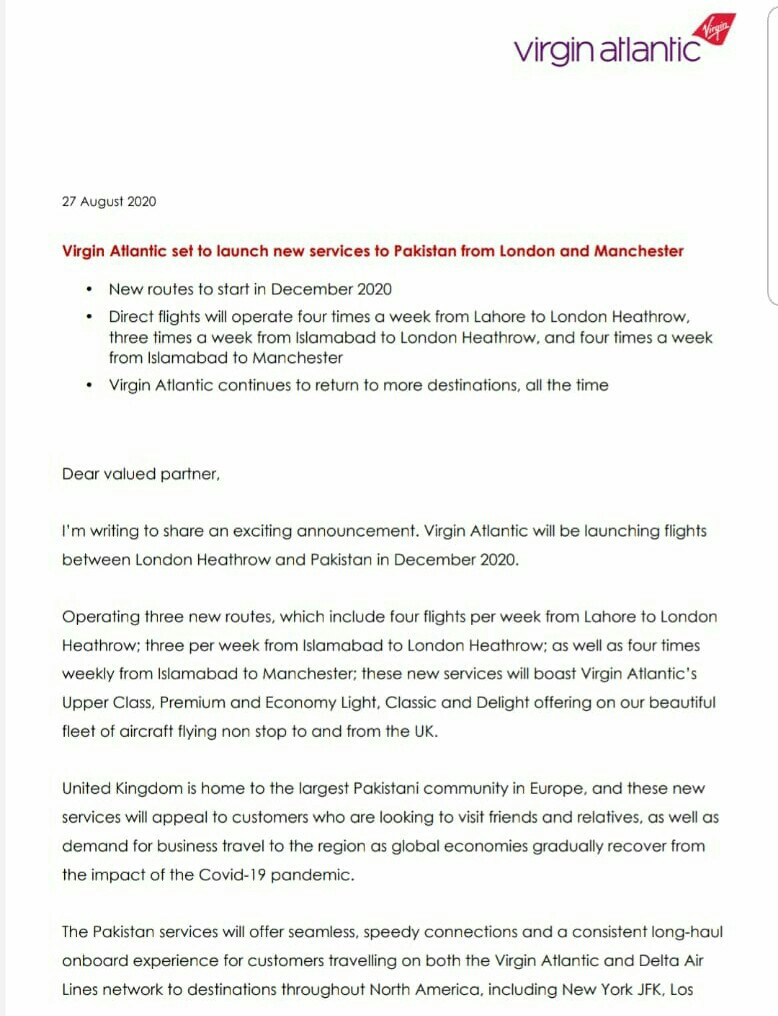 British airline direct flights Virgin Atlantic new routes Pakistan