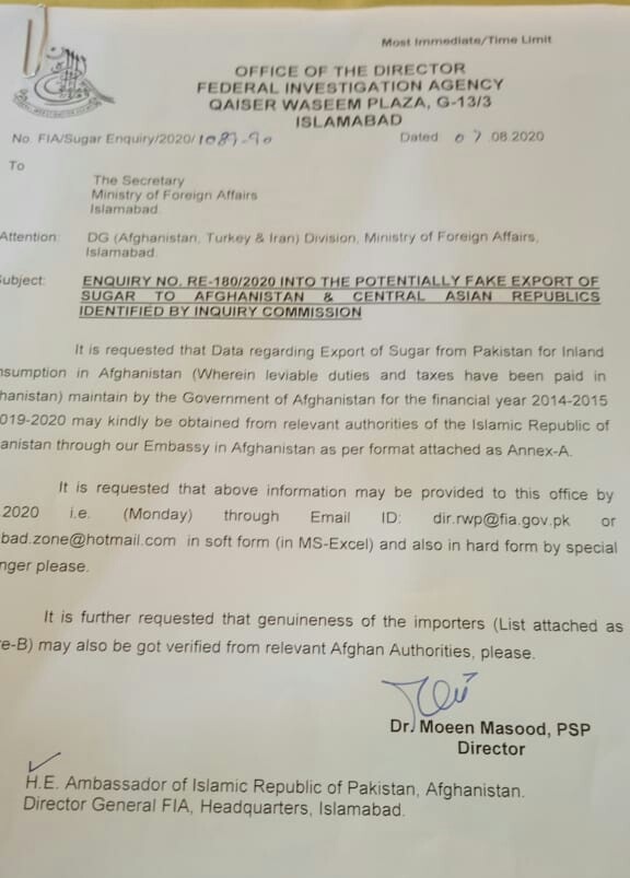 FIA sugar export inquiry commission Afghanistan