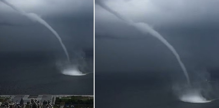 spinning waterspout stunning video Dalian Bay China