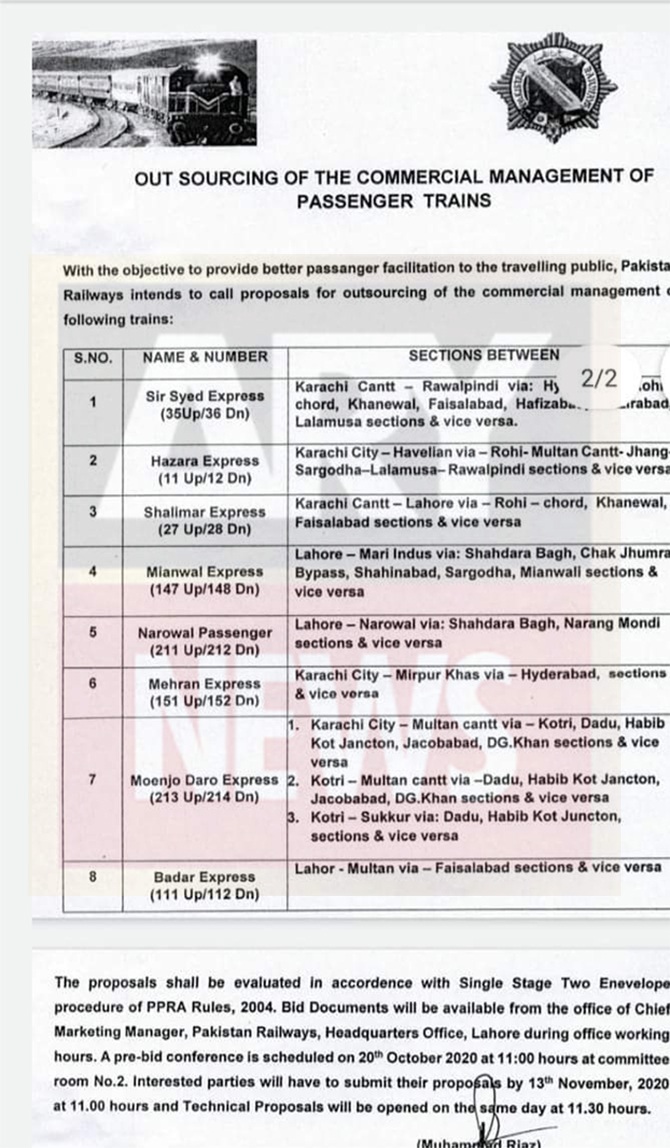 pakistan railways passenger trains private sector privatisation