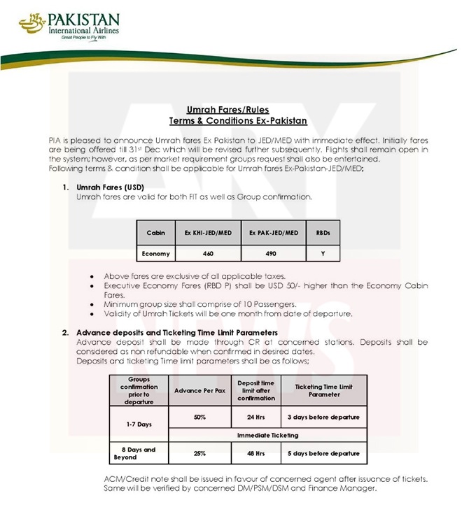 pia fares rules pilgrims umrah policy 2020