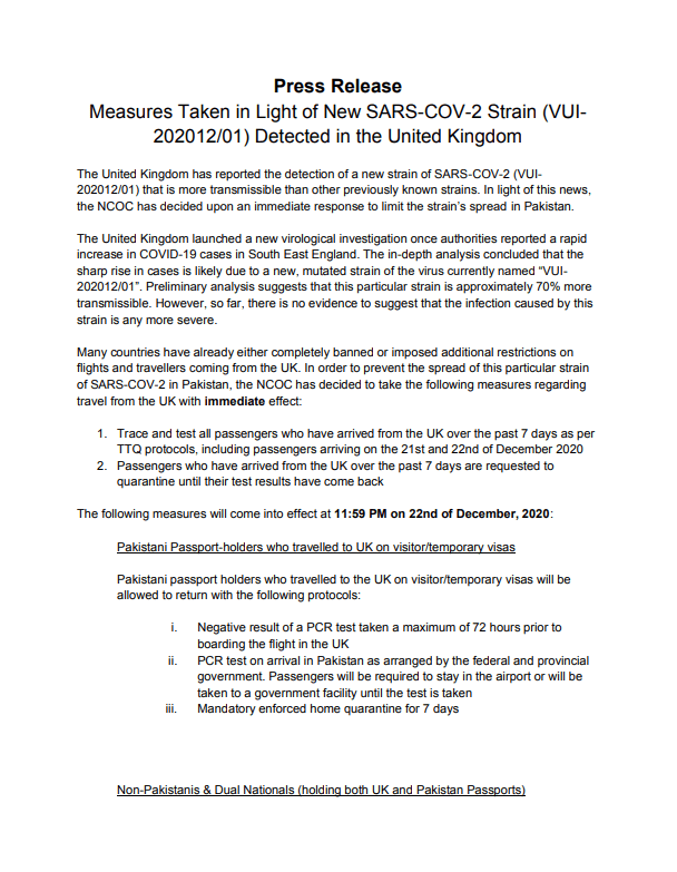 NCOC press statement declaring a temporary flight operations ban from UK while imposing conditions on Pakistanis returning and and those coming via a transit stay in the UK