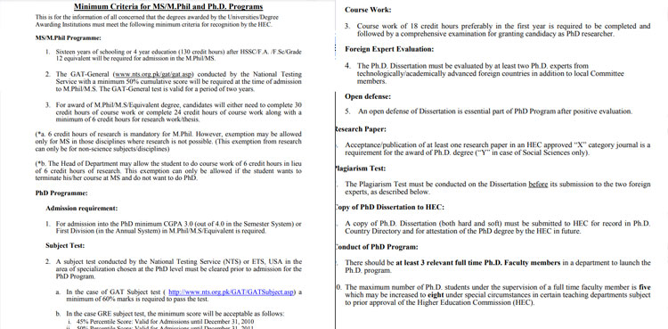 phd admission criteria hec 2021