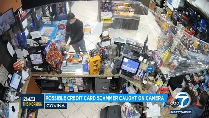 cctv footage couple skimming device credit card machine gas station