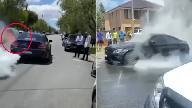 luxury vehicle mercedes benz bursts into flames burnout video