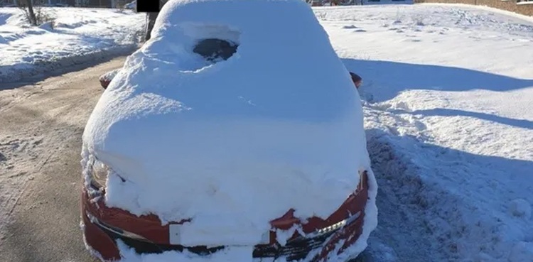 man driving snow-covered car zero visibility