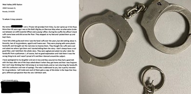 elderly man apology letter stolen handcuffs