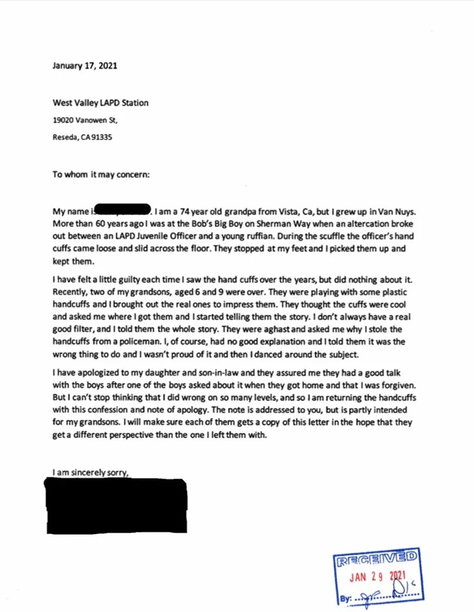 elderly man apology letter stolen handcuffs