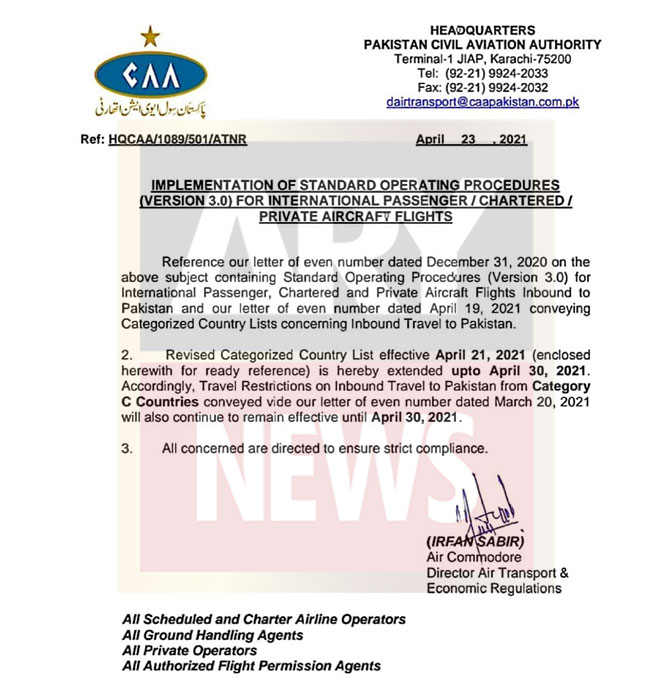 caa travel restrictions countries covid-19 pakistan