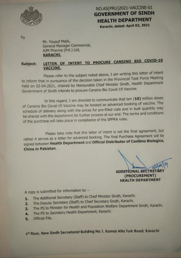 Sindh writes to CanSino for procurement of 10m vaccine doses