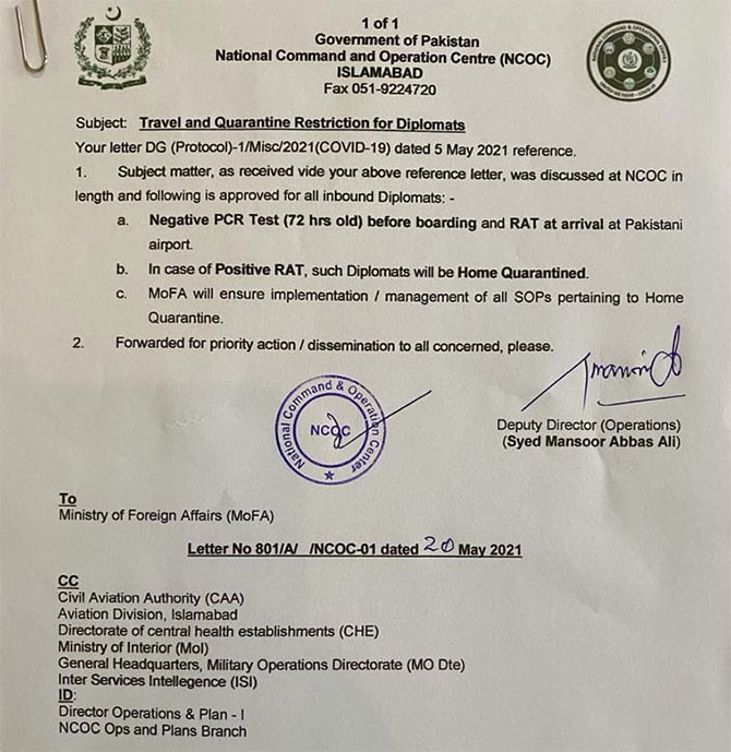 ncoc travel restrictions diplomats covid-19 test