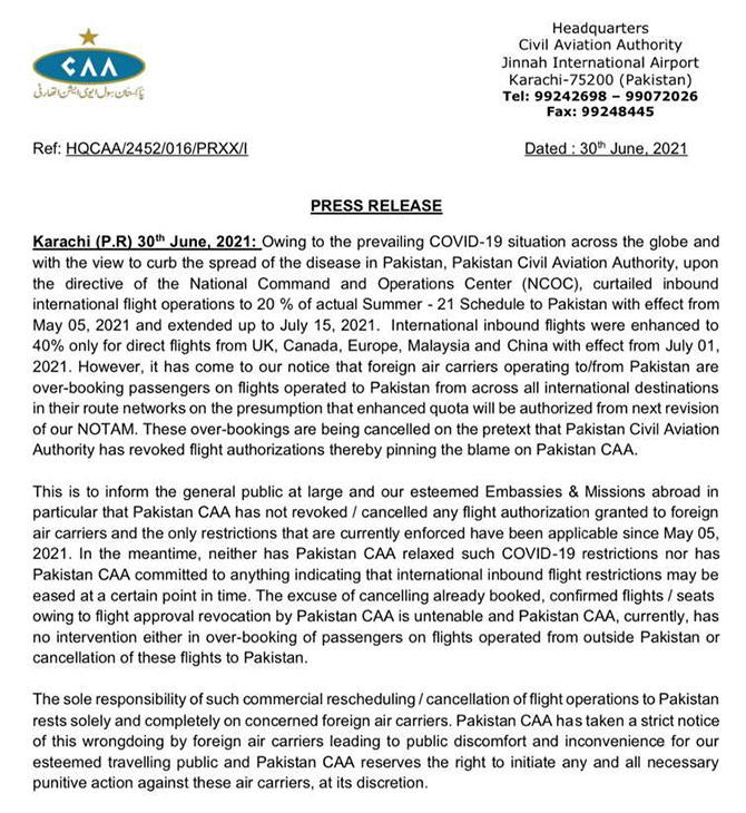 caa pakistan international inbound flights travel advisory