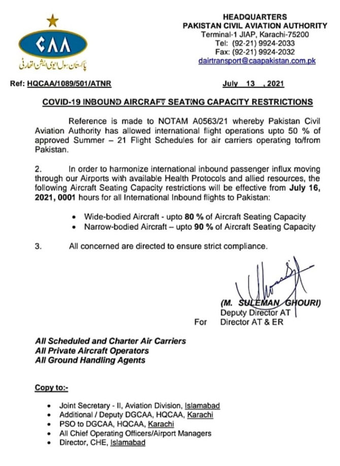 seating capacity restrictions international flights caa