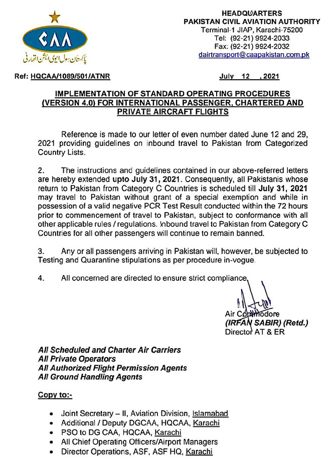 pakistan travel restrictions international passengers caa category c