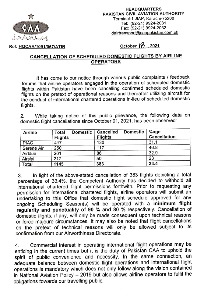 pcaa pia airlines scheduled domestic flights cancellation