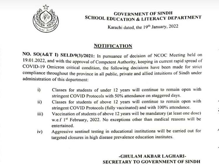 Sindh govt notifies NCOC order on 50pc school attendance