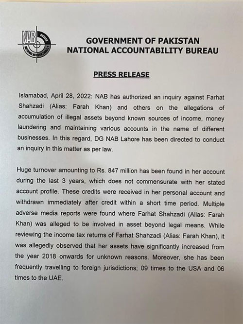 Farah Khan, assets case, NAB