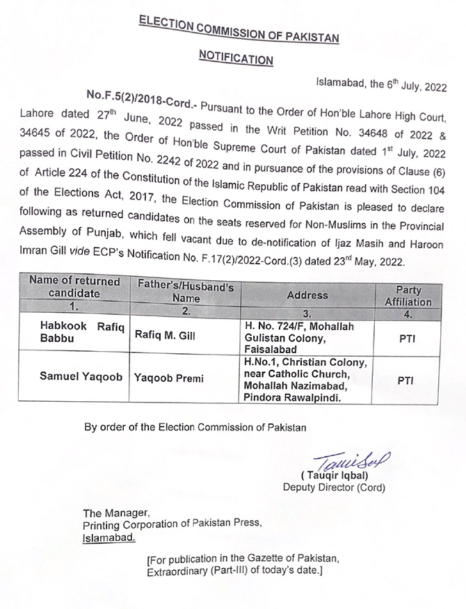 ECP, Punjab Assembly, lawmakers, reserved seats, notification