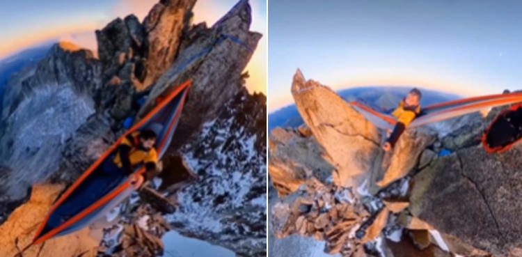 Viral video, man lying on a hammock, high mountains