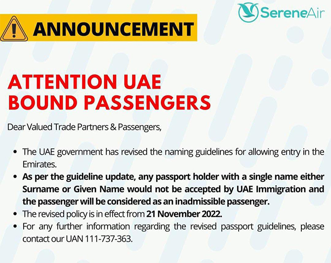 UAE, travel advisory, UAE passengers, single name of passports