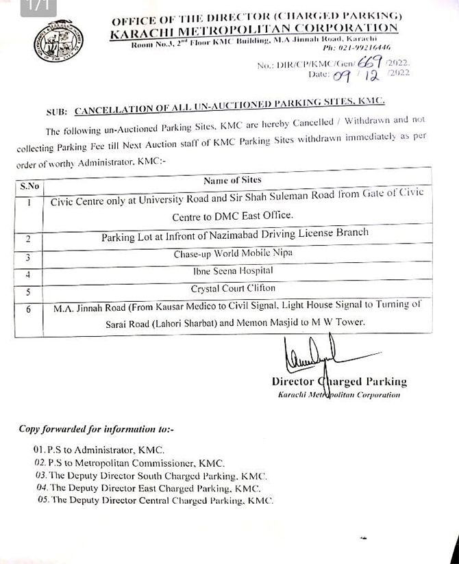 KMC, charged parking, Karachi, parking contracts